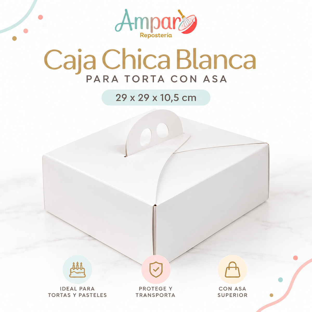 Caja Chica Blanca para Torta 29 x 29 x 10,5 cm con Asa