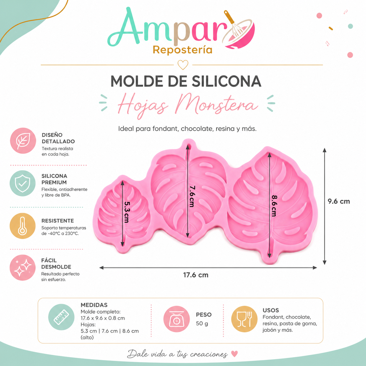 Molde de Silicona Hojas Monstera 3 Tamaños – 17,6 x 9,6 cm
