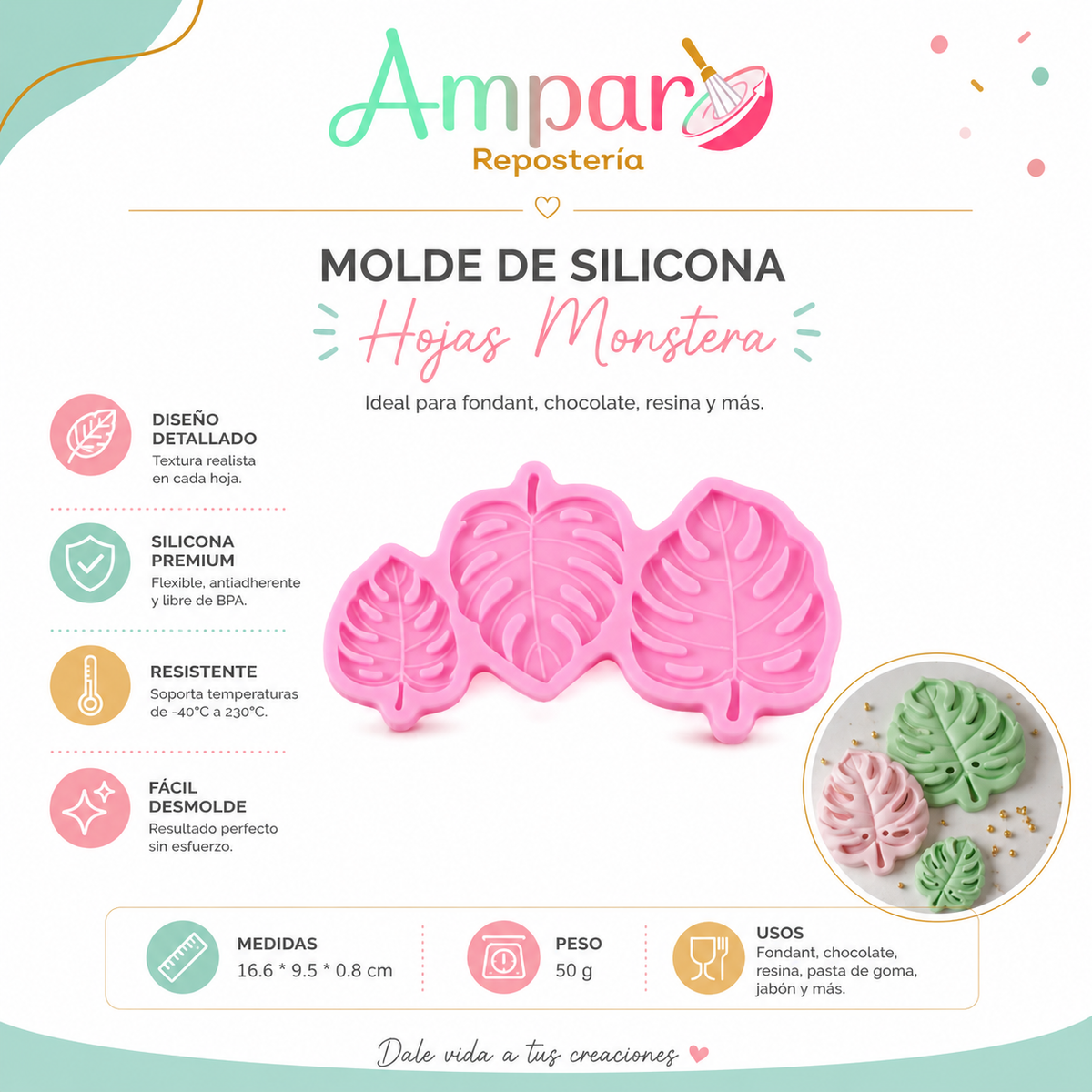 Molde de Silicona Hojas Monstera 3 Tamaños – 17,6 x 9,6 cm