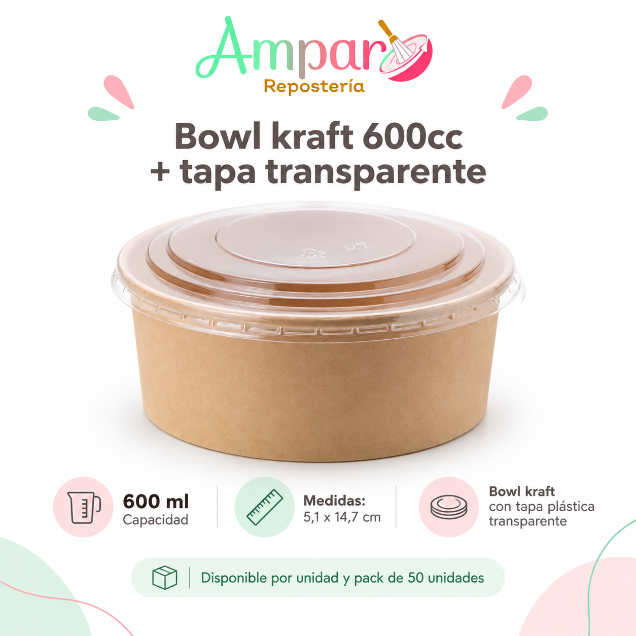 Bowl kraft 600 cc con tapa transparente