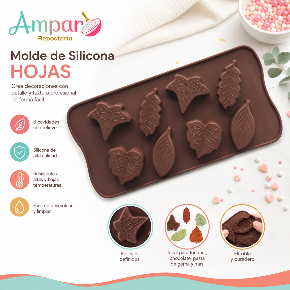 Molde de Silicona Hojas para Fondant y Chocolate – 8 Cavidades