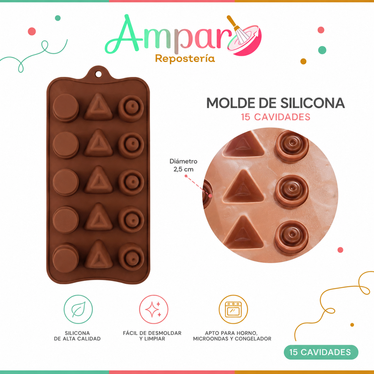 Molde de Silicona para Chocolate Botones, Triángulos y Picots – 15 Cavidades