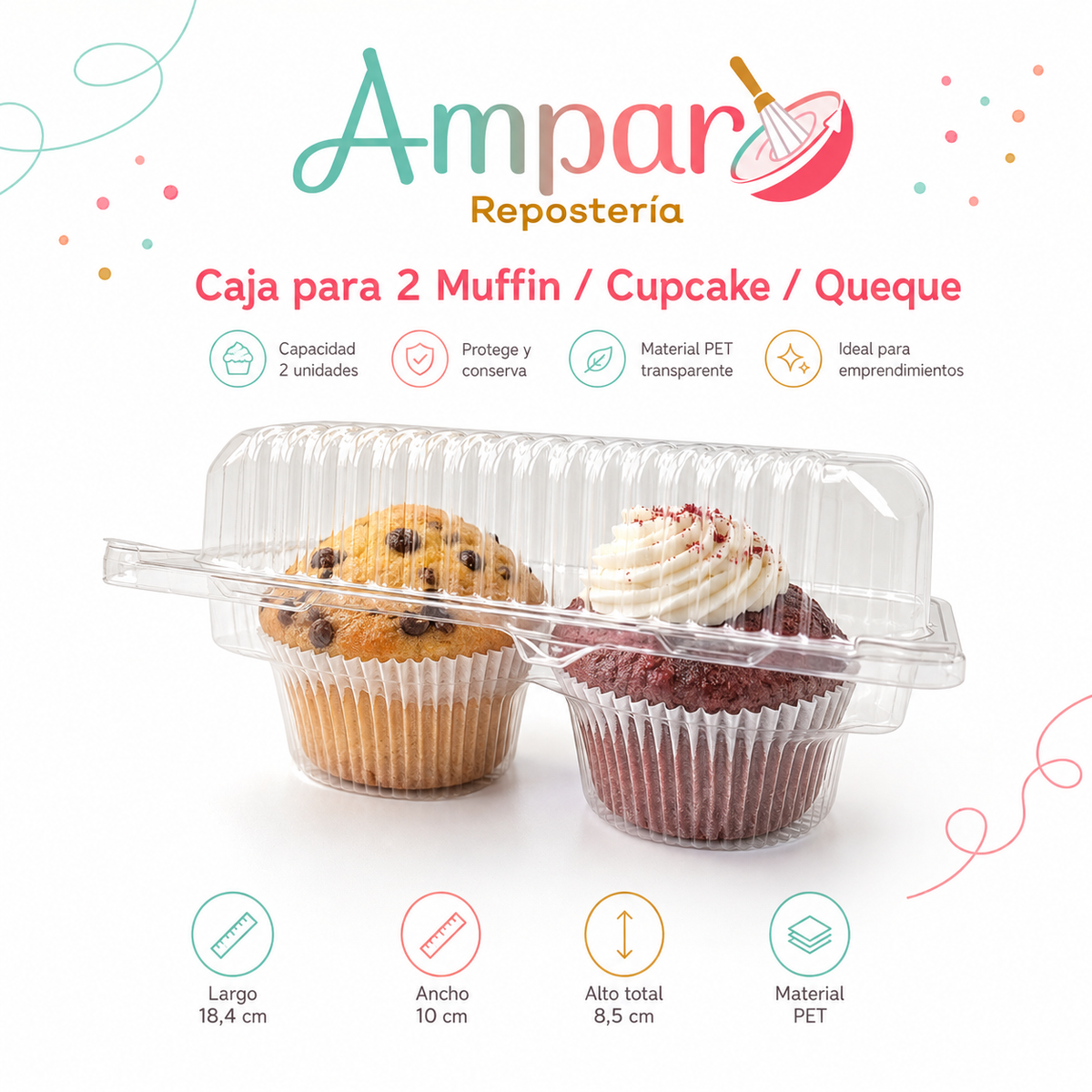 Caja PET Transparente para 2 Muffins, Cupcakes o Queques con Tapa