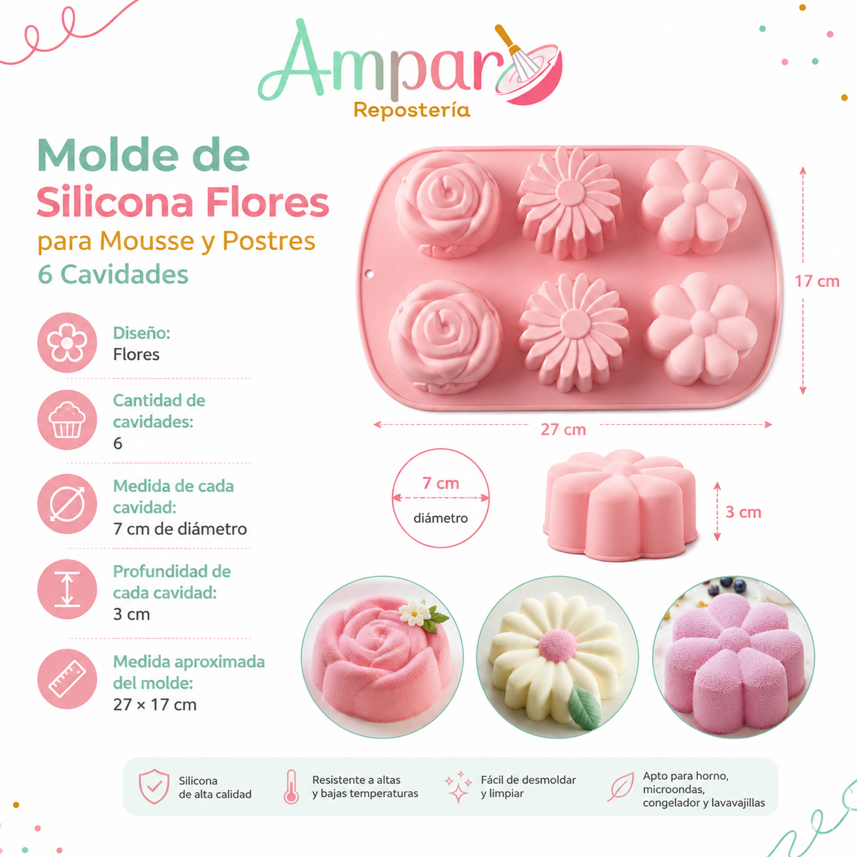 Molde de Silicona Flores para Mousse y Postres 6 Cavidades