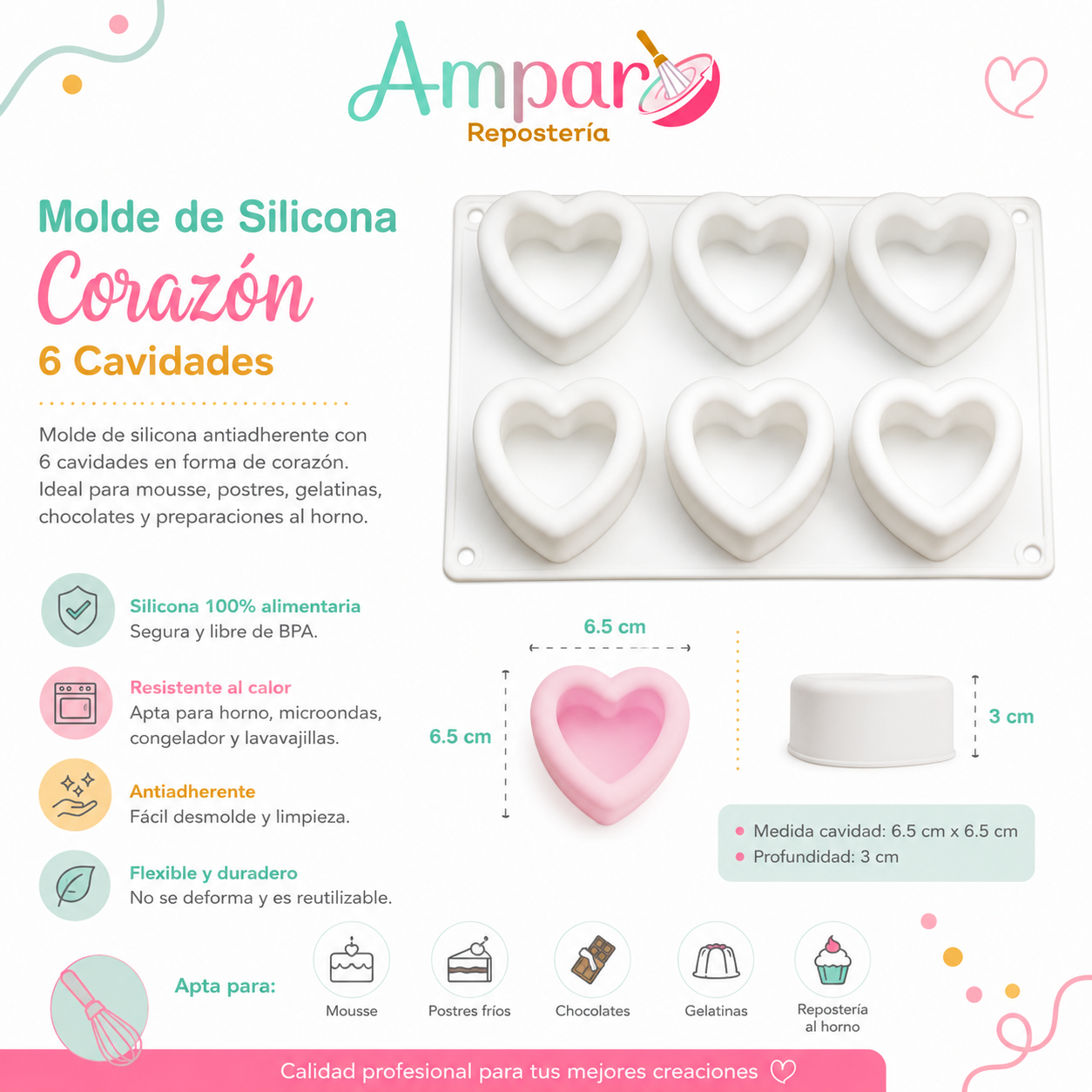 Molde de Silicona Corazón para Postres – 6 Cavidades