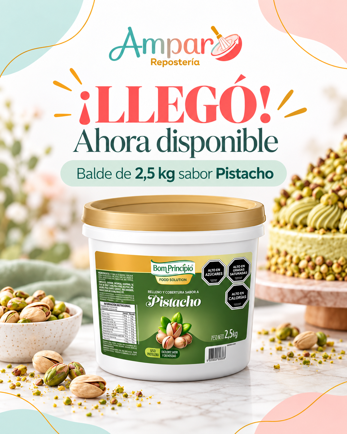 Relleno pasta pistacho Bom Principio Balde 2,5 kg.