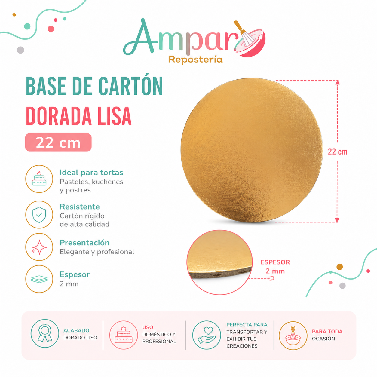 Base de Cartón Dorada Lisa 22 cm – Espesor 2 mm