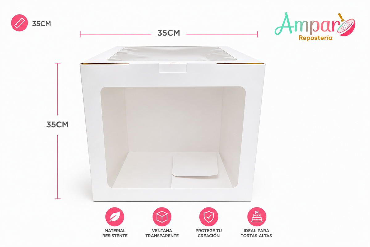 Caja para Torta con Visor 35x35x35 cm – Cartón Blanco | Unidad