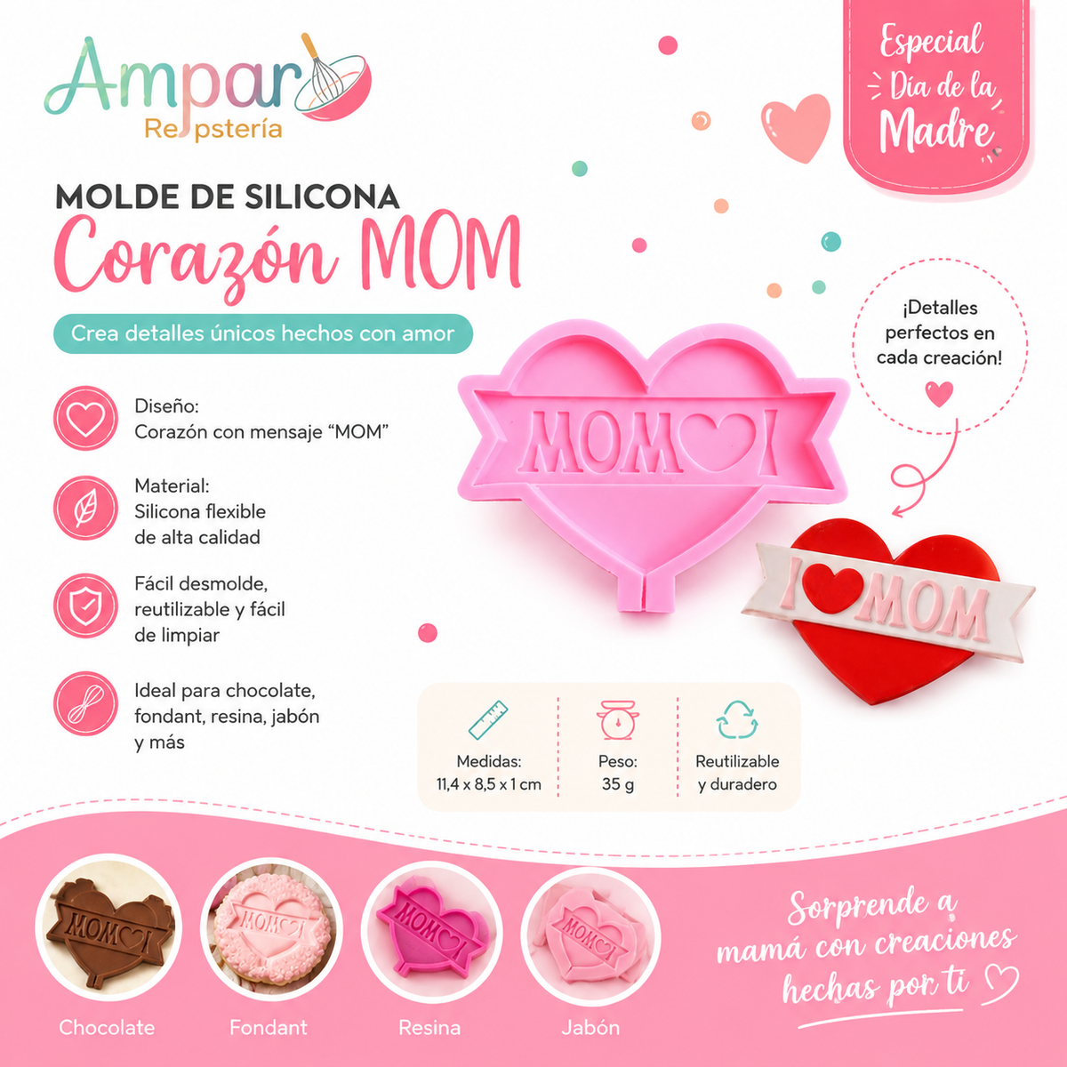 Molde de Silicona "Feliz Día de la Madre" – Corazón MOM ❤️