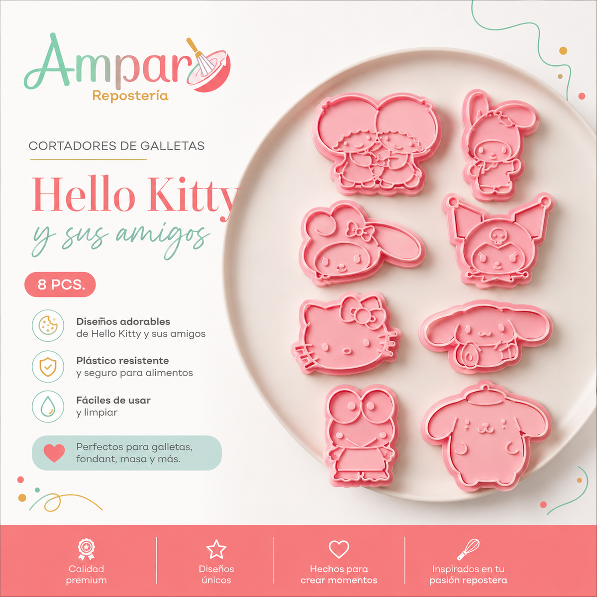 Cortador de Galletas Hello Kitty y sus Amigos 8 Piezas | Set de Moldes para Galletas y Fondant