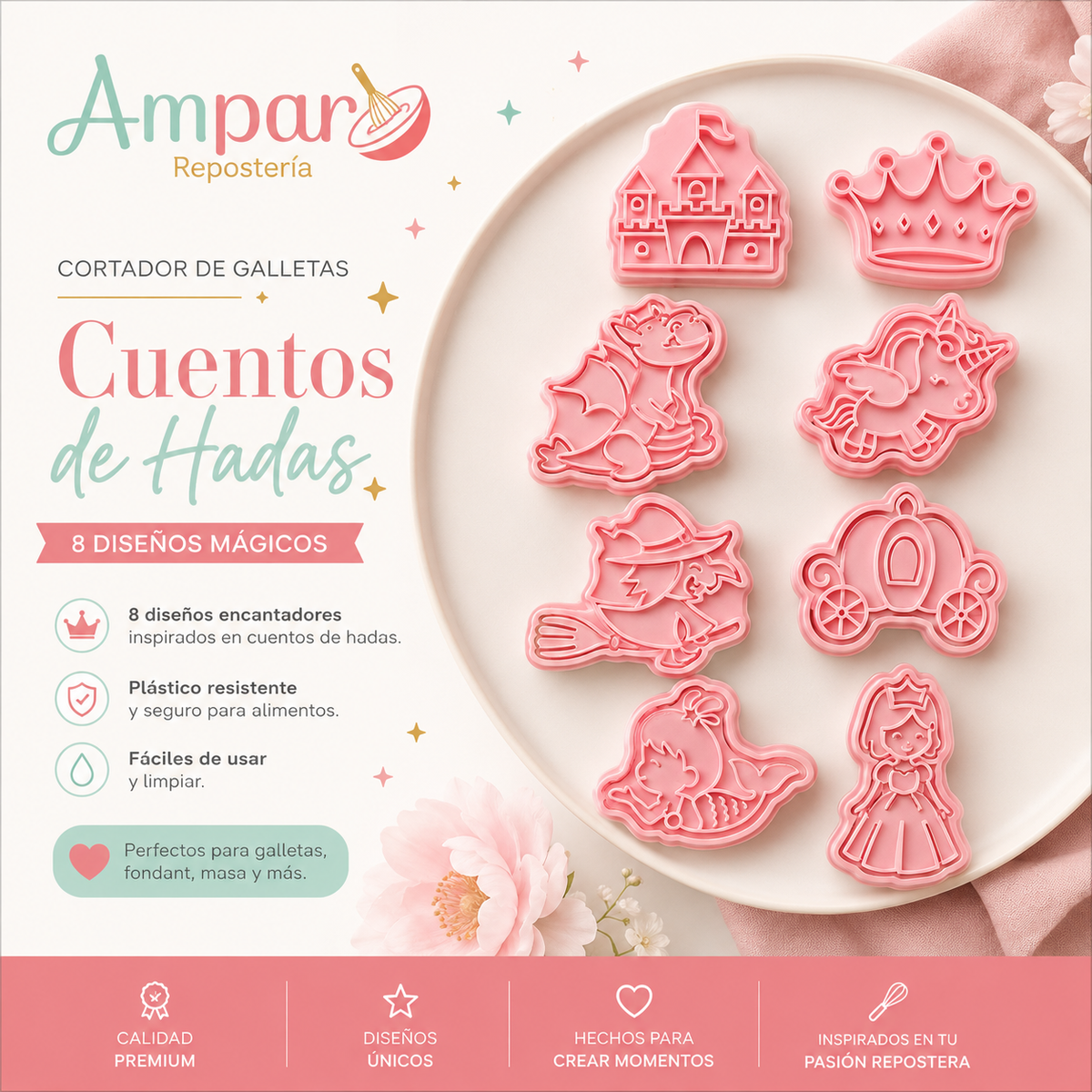 Cortador de Galletas Cuentos de Hadas 8 Piezas | Castillo, Princesa, Unicornio y Más