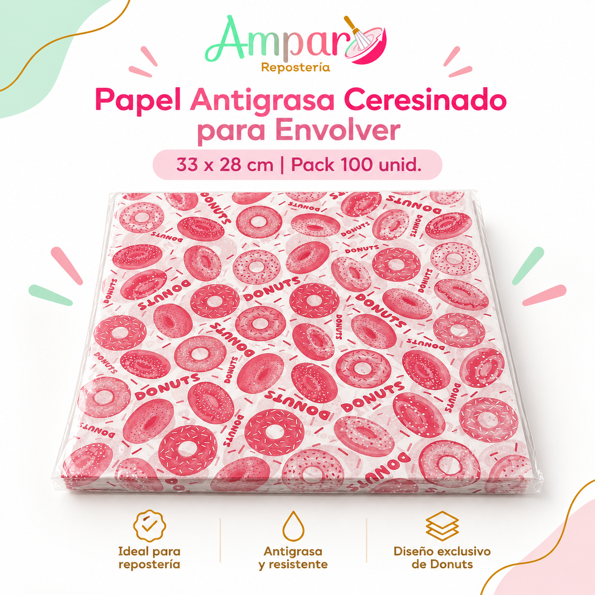 Papel Antigrasa Ceresinado Donuts 33x28 cm | Pack 100 Unid.