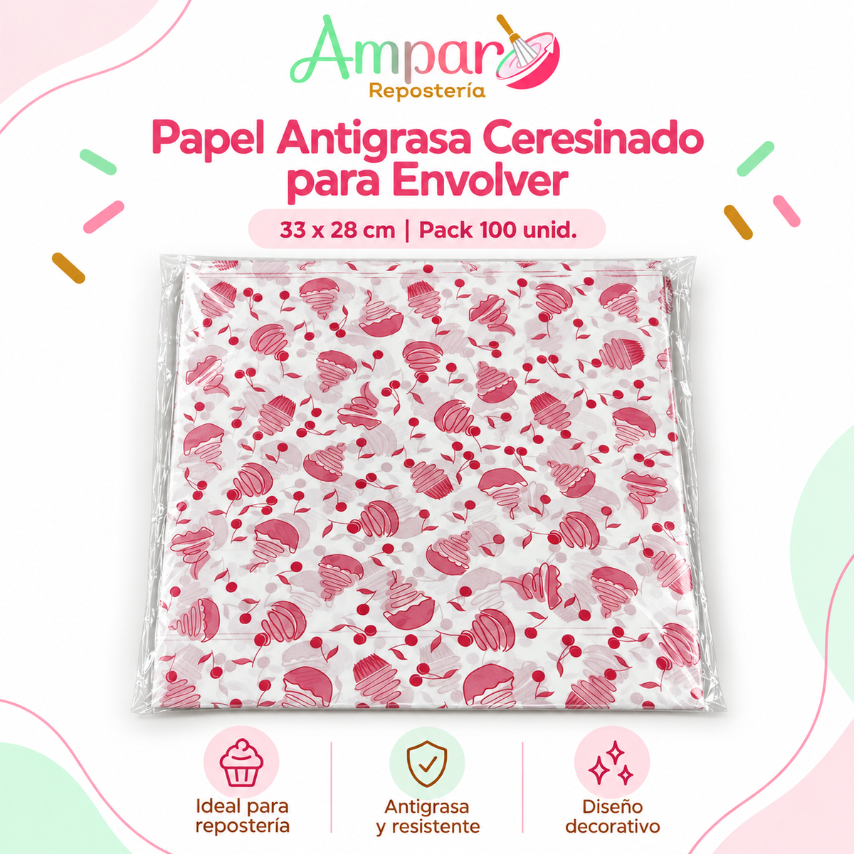 Papel Antigrasa Ceresinado Cupcakes 33x28 cm | Pack 100 Unid.