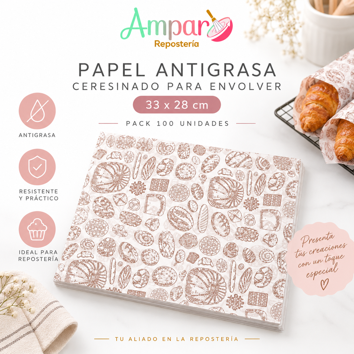 Papel Antigrasa Ceresinado Panadería 33x28 cm | Pack 100 Unid.