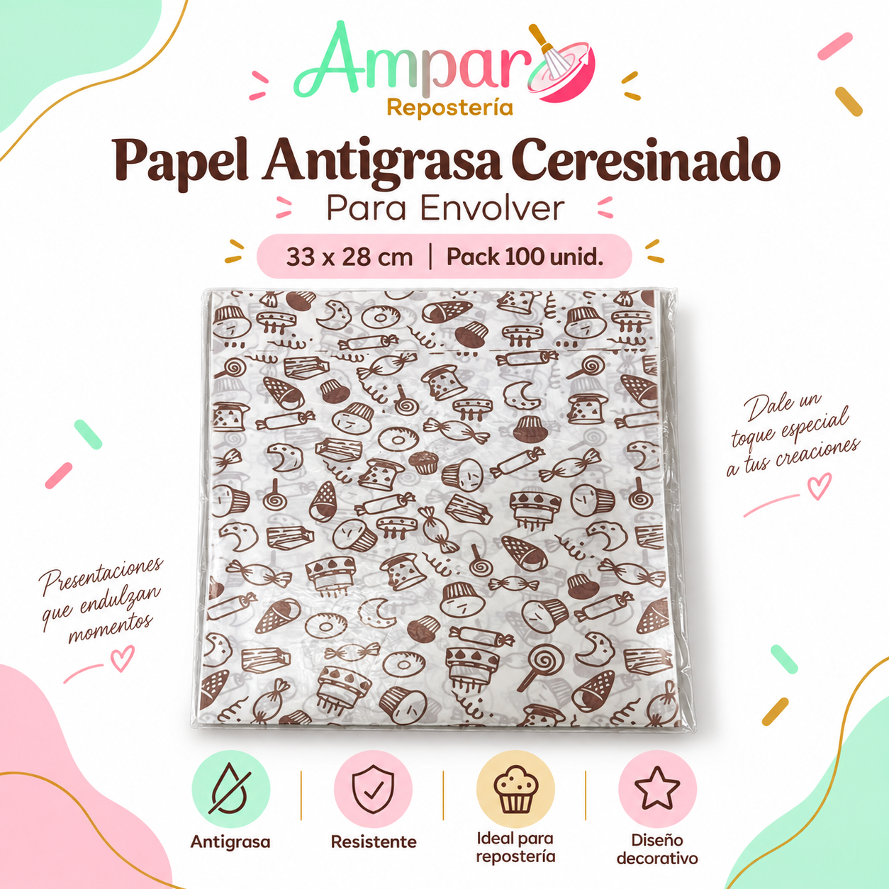 Papel Antigrasa Ceresinado Dulces 33x28 cm | Pack 100 Unid.