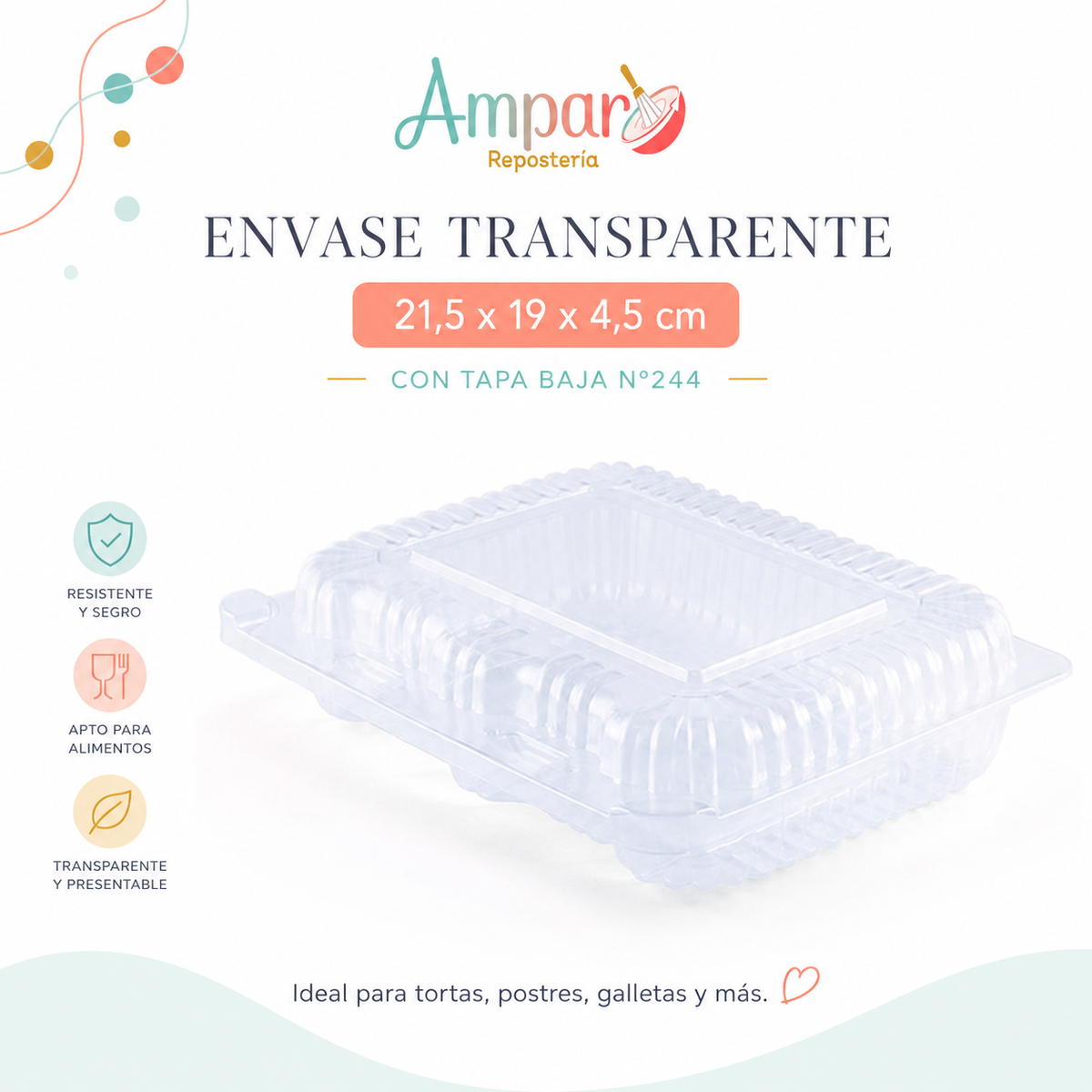 Envase Transparente 21,5 x 19 x 4,5 cm con Tapa Baja N°244