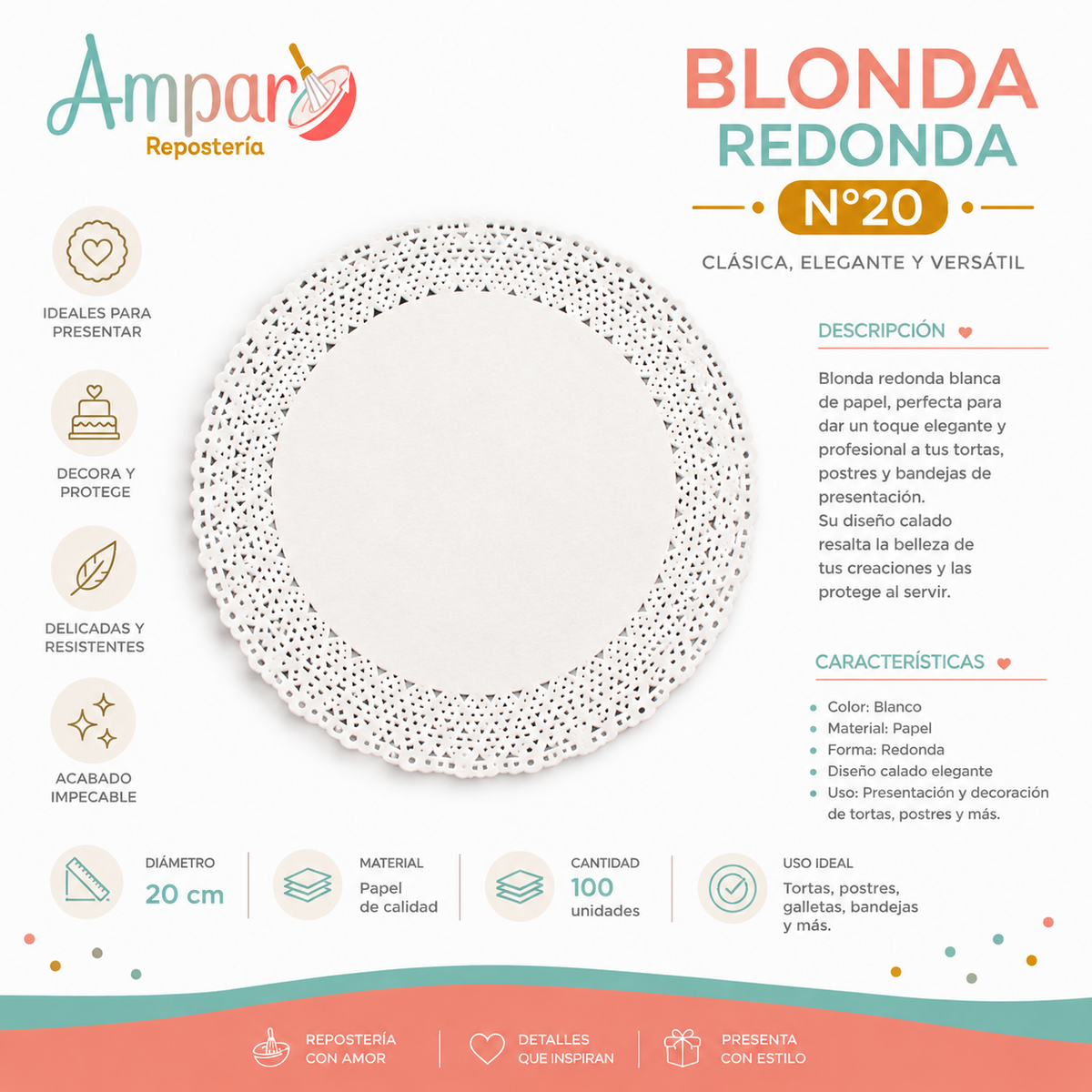 Blonda Redonda Blanca N°20 – Elegante para Presentación de Tortas y Postres