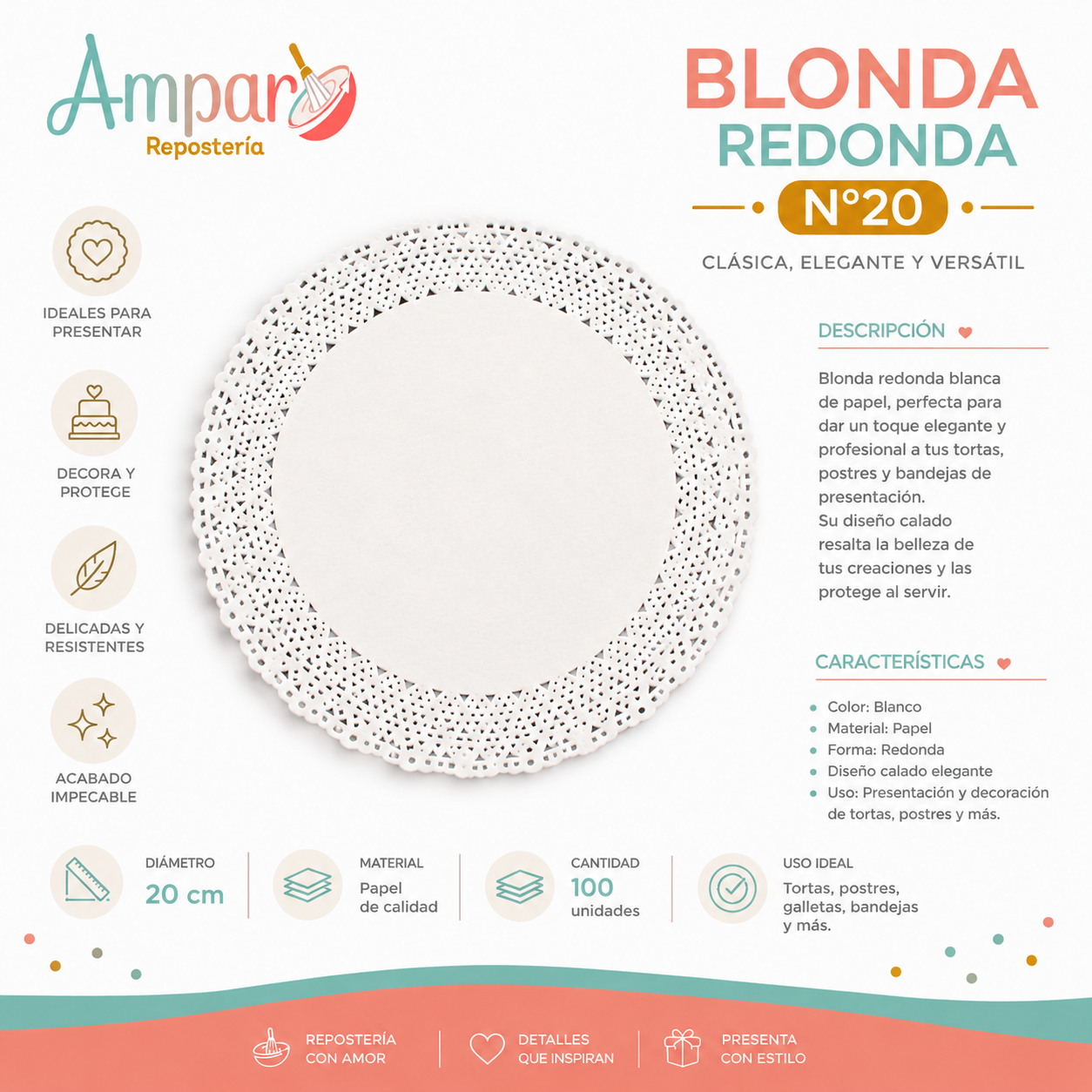 Blonda Redonda Blanca N°20 – Elegante para Presentación de Tortas y Postres