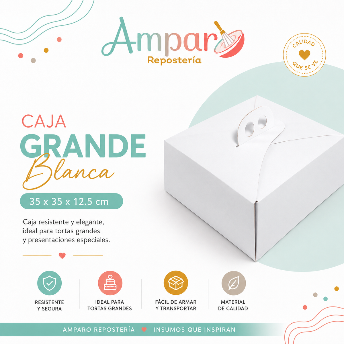 Caja Grande Blanca para Torta 35 x 35 x 12,5 cm con Asa