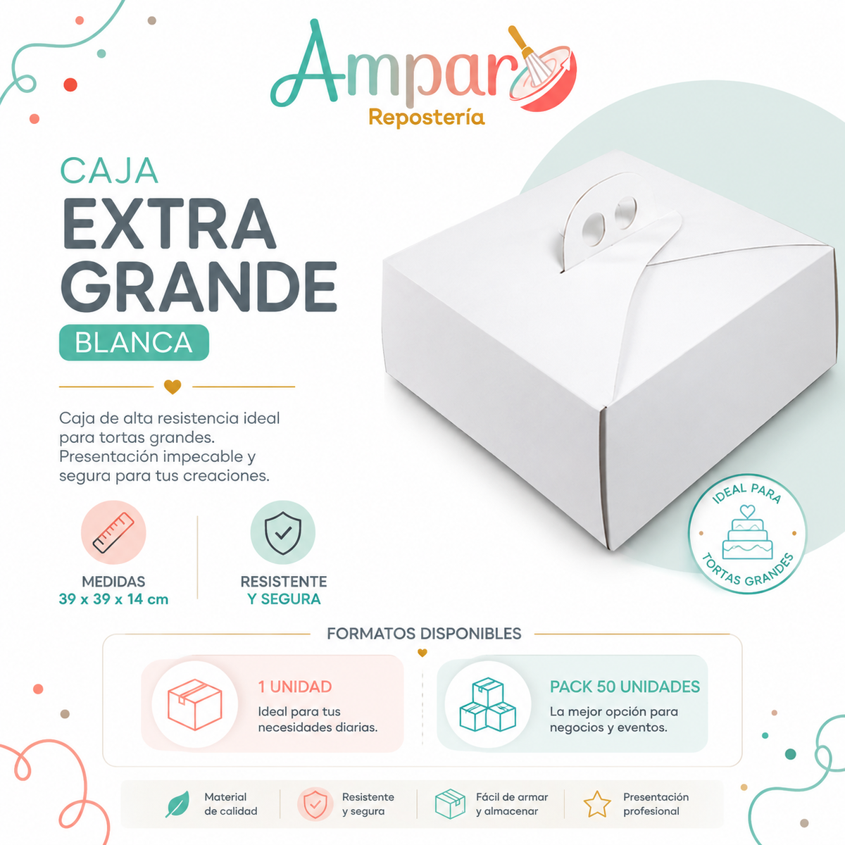 Caja Extra Grande Blanca para Torta 39 x 39 x 14 cm – Unidad o Pack 50 Unidades