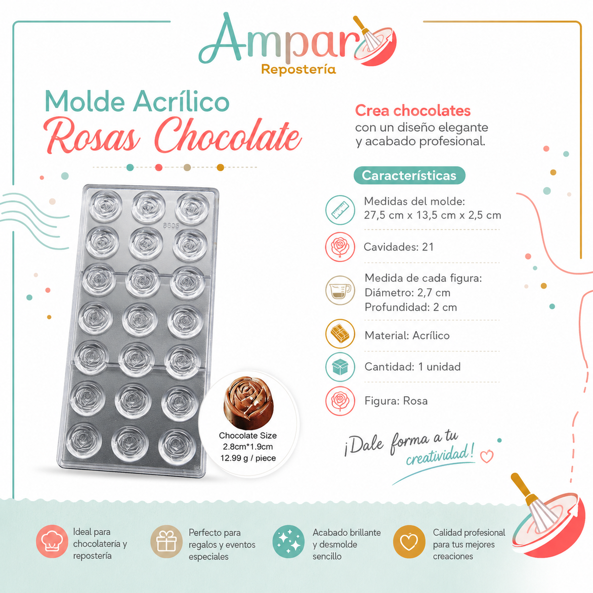 Molde Acrílico Rosas para Chocolate – 21 Cavidades