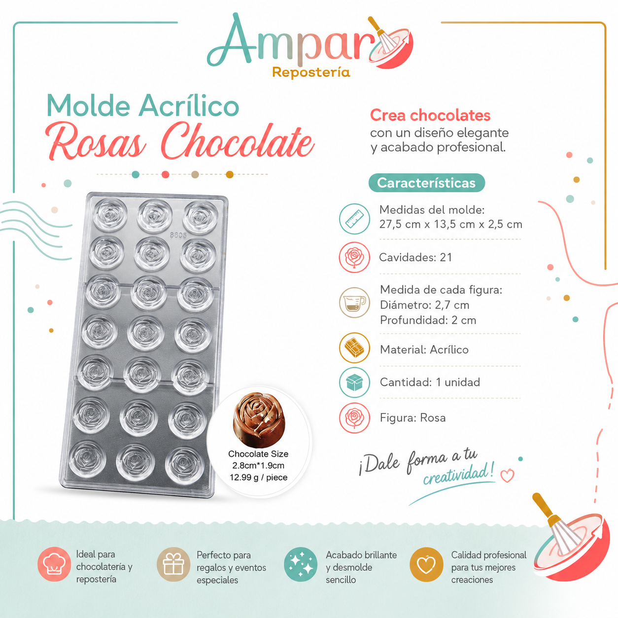 Molde Acrílico Rosas para Chocolate – 21 Cavidades