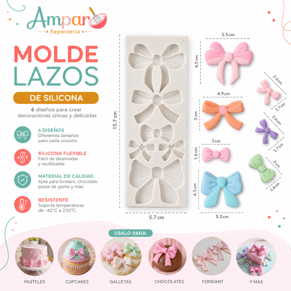 Molde de Silicona Lazos x6 Diseños para Fondant, Chocolate y Repostería