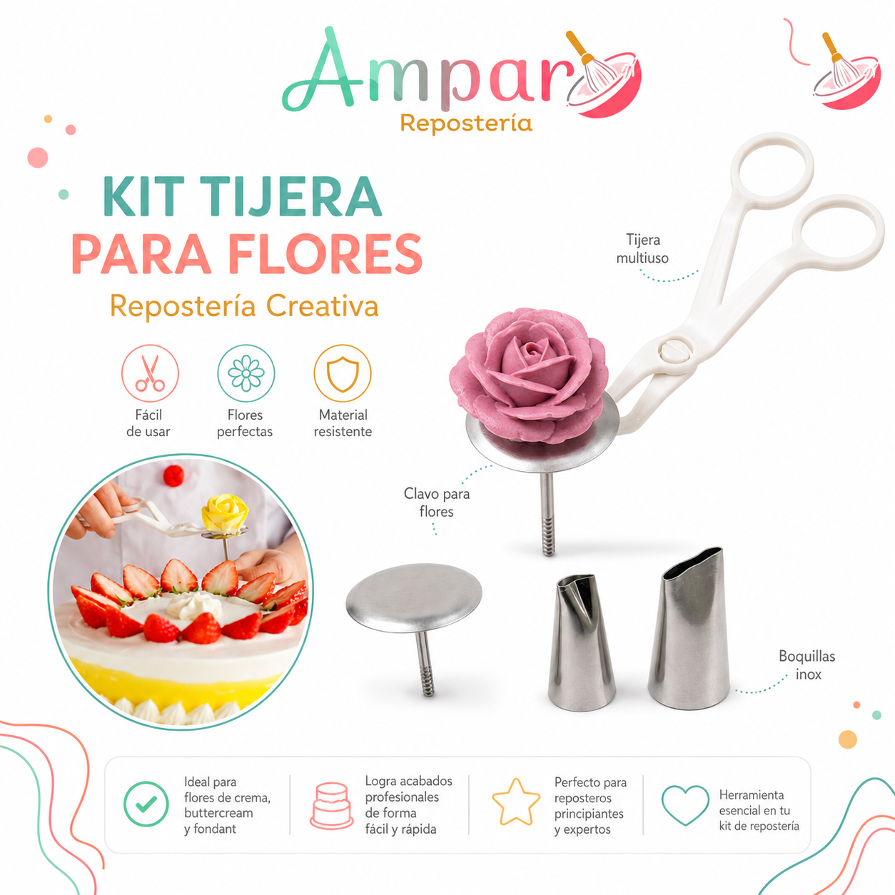 Tijeras para Flores con Clavo Repostero y Boquillas – Set Completo