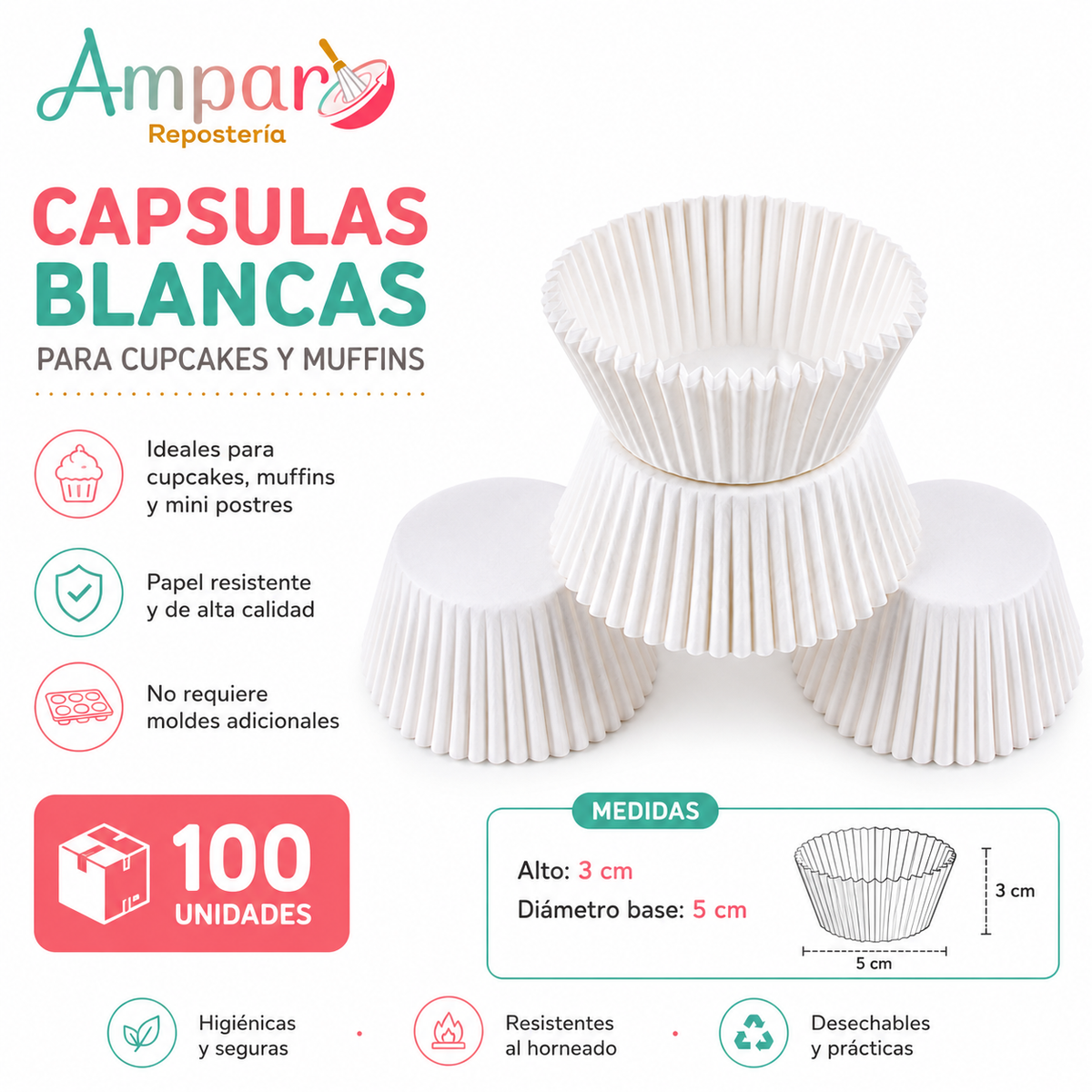 Cápsula Cupcake Blanca – 100 Unidades