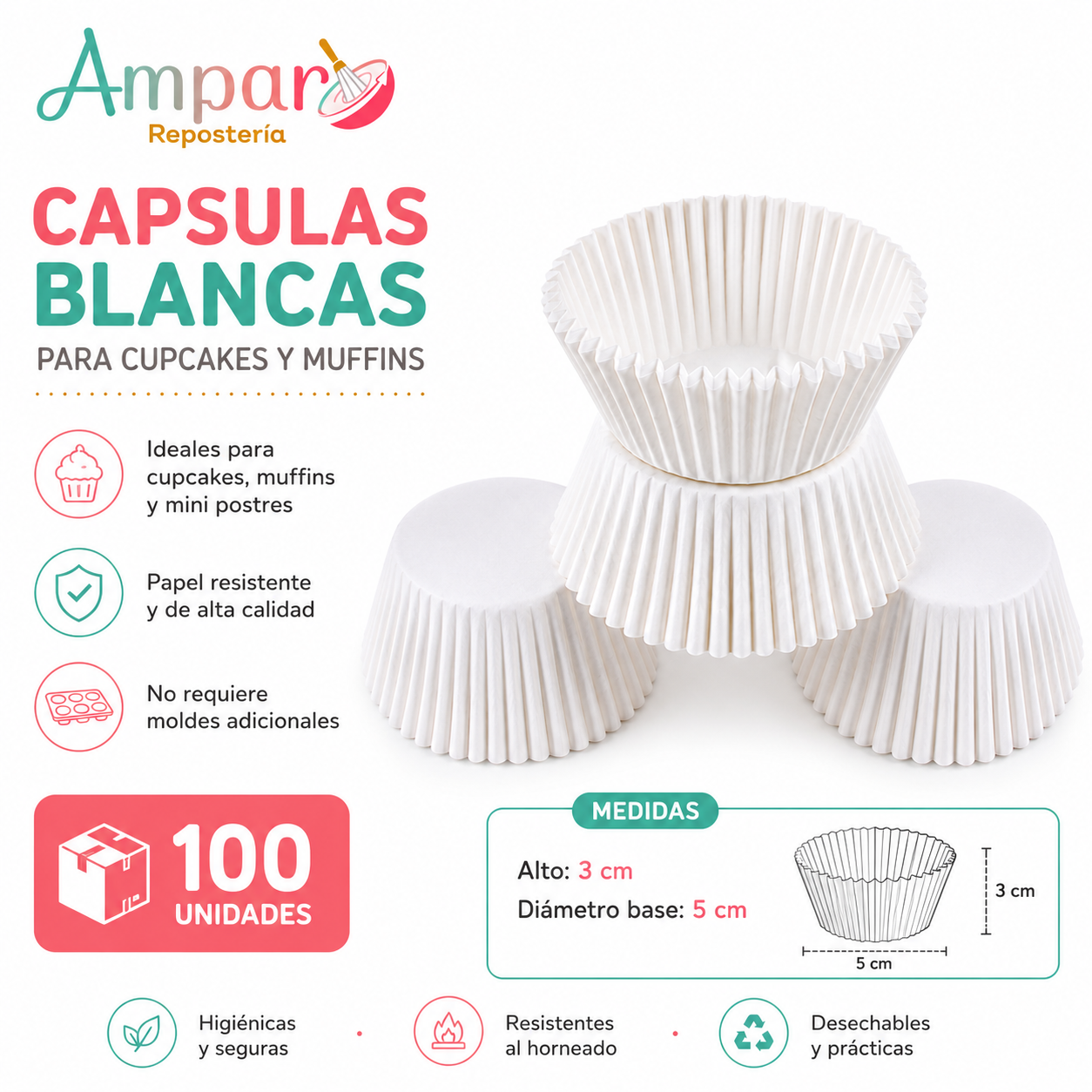 Cápsula Cupcake Blanca – 100 Unidades