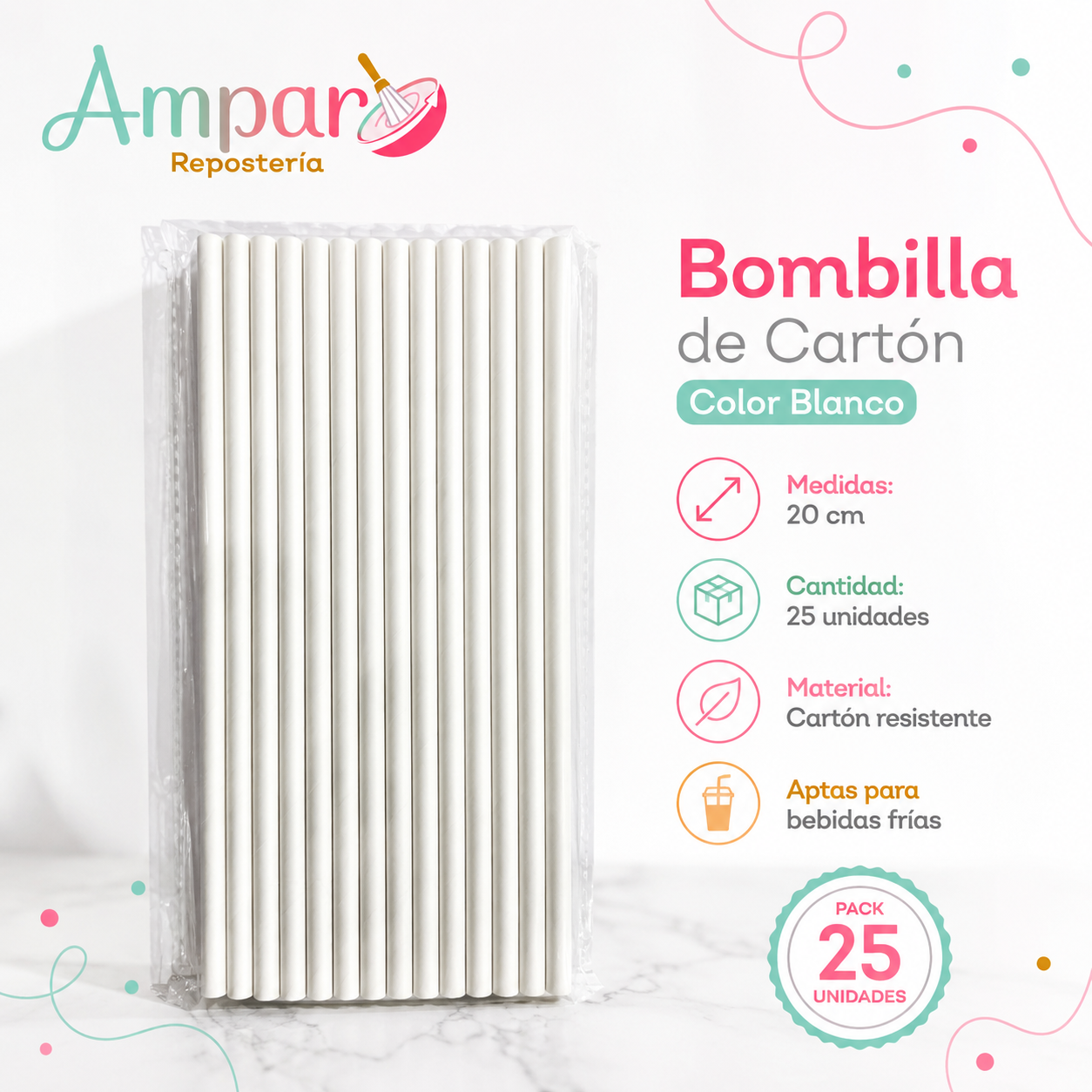 Bombilla de Cartón Blanca 20 cm Pack 25 Unidades