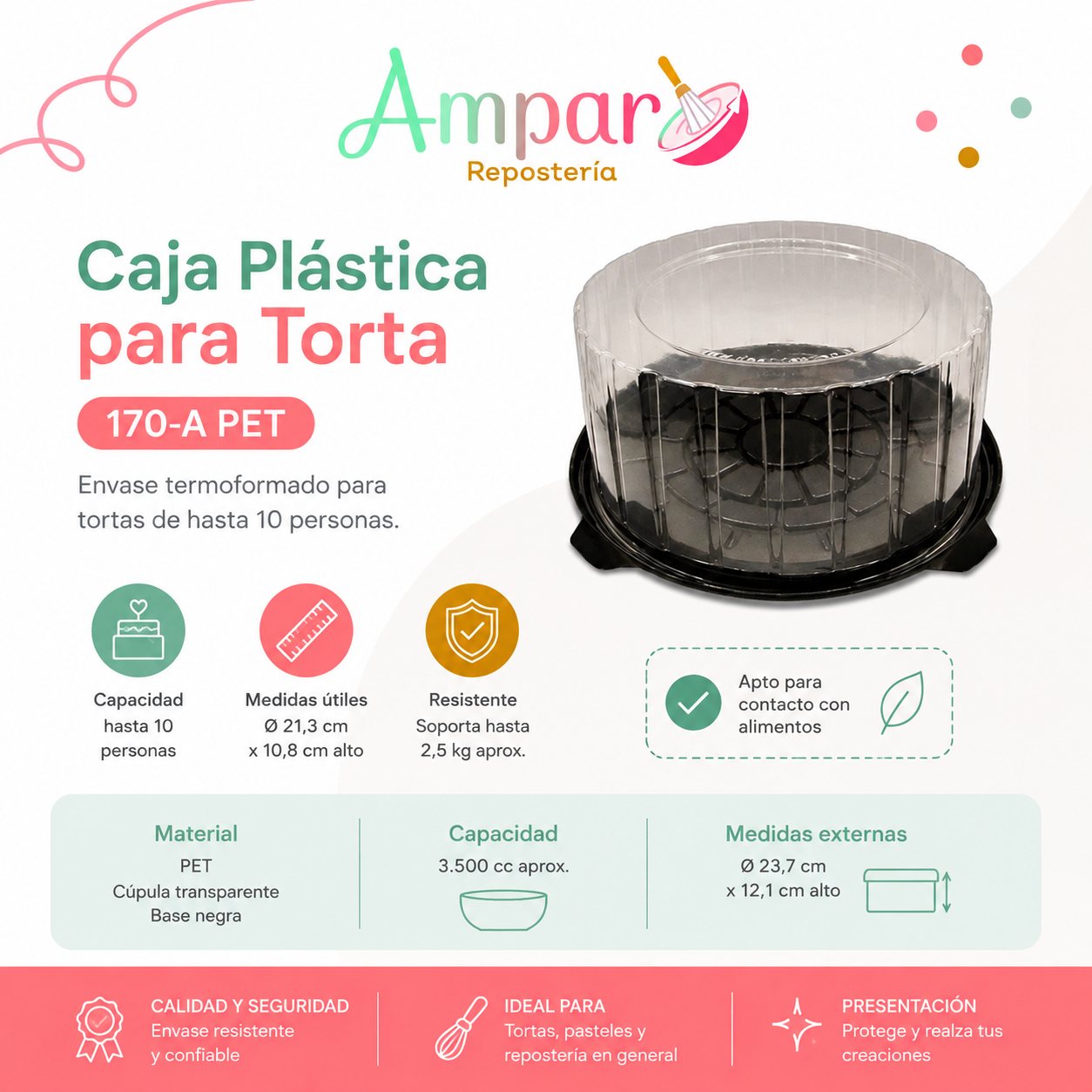 Caja Plástica para Torta Ø21,3 x 10,8 cm con Cúpula – 170-A PET