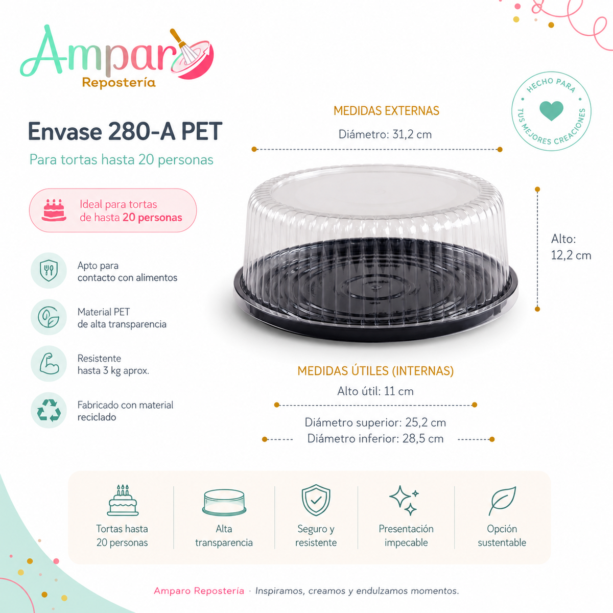 Caja Plastica para Torta 280-A PET con Cúpula – Ø Útil 25,2 cm x 11 cm Alto | Hasta 20 Personas