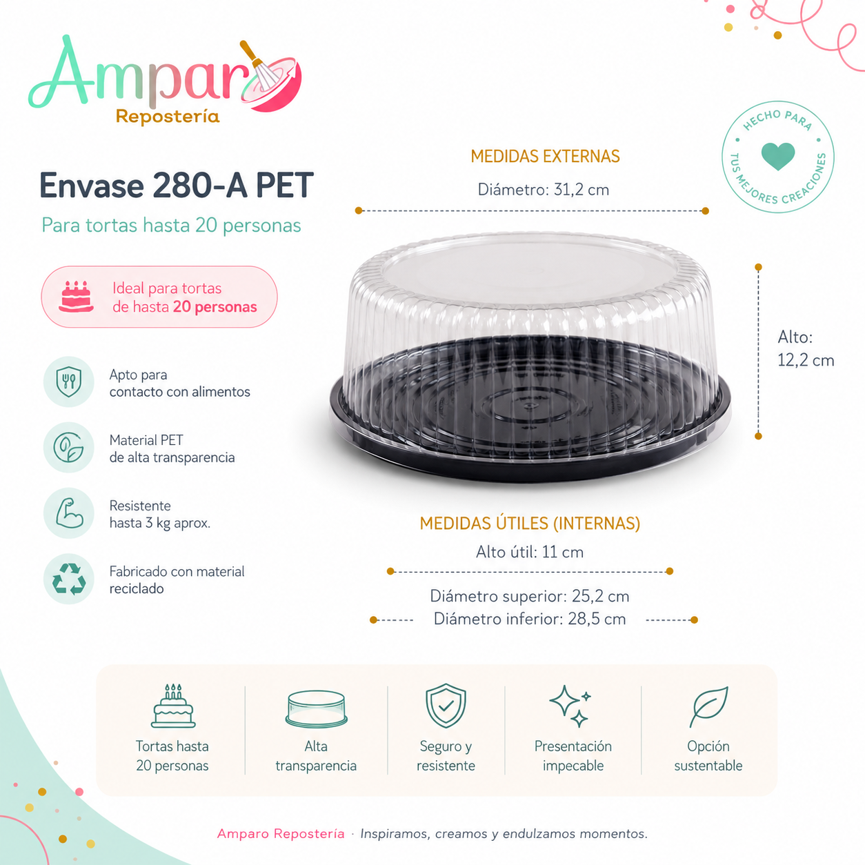 Caja Plastica para Torta 280-A PET con Cúpula – Ø Útil 25,2 cm x 11 cm Alto | Hasta 20 Personas
