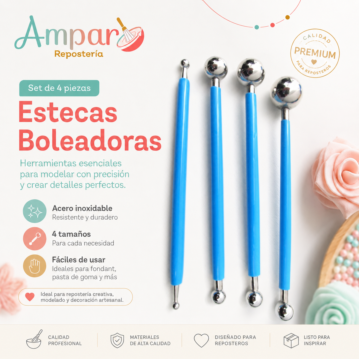 Estecas Boleadoras Set 4 Piezas Doble Punta – Para Fondant y Pasta de Goma