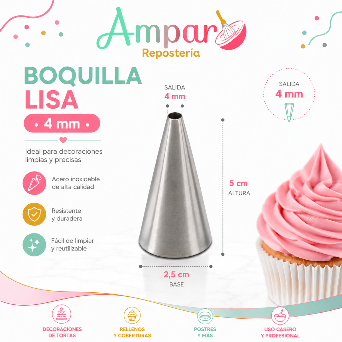Boquilla Lisa 4 mm de Acero Inoxidable – Base 2,5 cm x 5 cm Alto