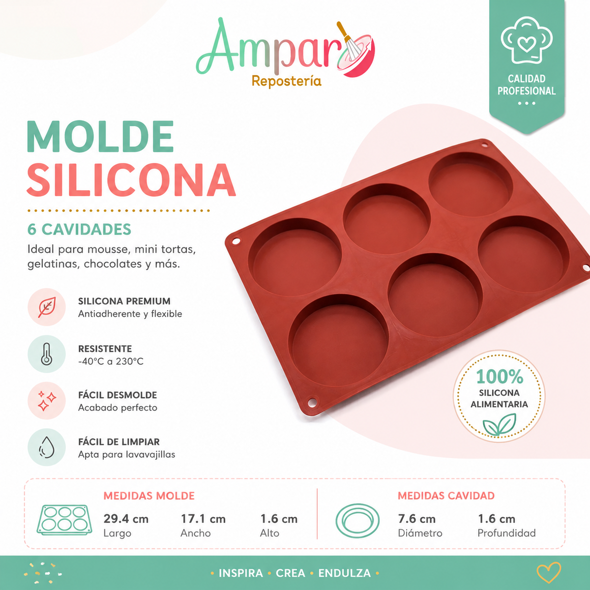 Molde de Silicona Redondo 6 Cavidades – Ø 7,6 cm x 1,6 cm