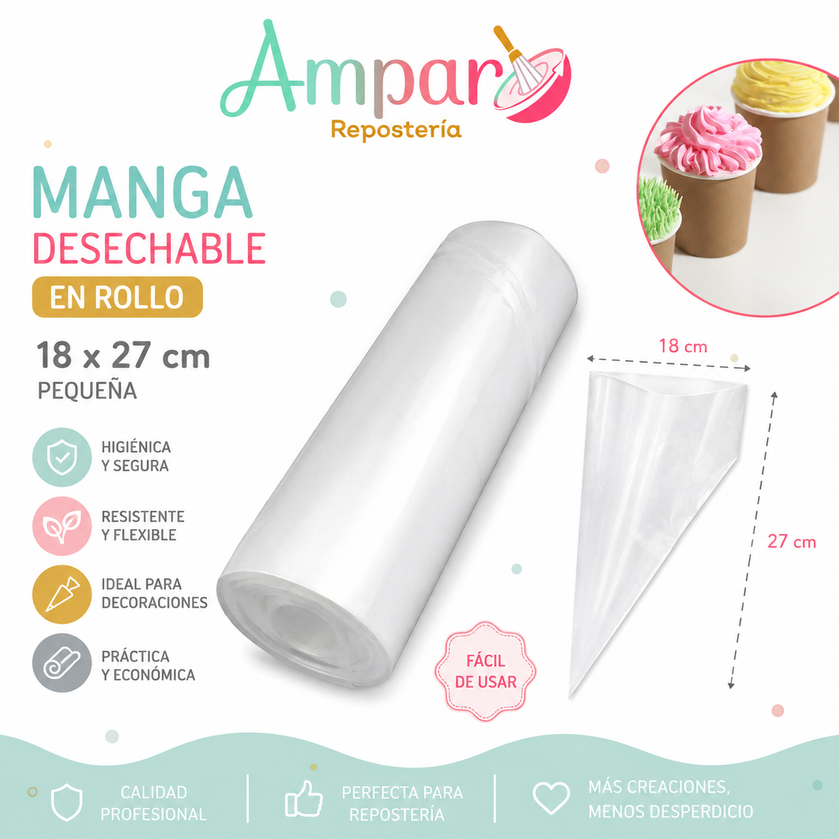 Manga Desechable en Rollo 18 x 27 cm – 50 Unidades | Tamaño Pequeño