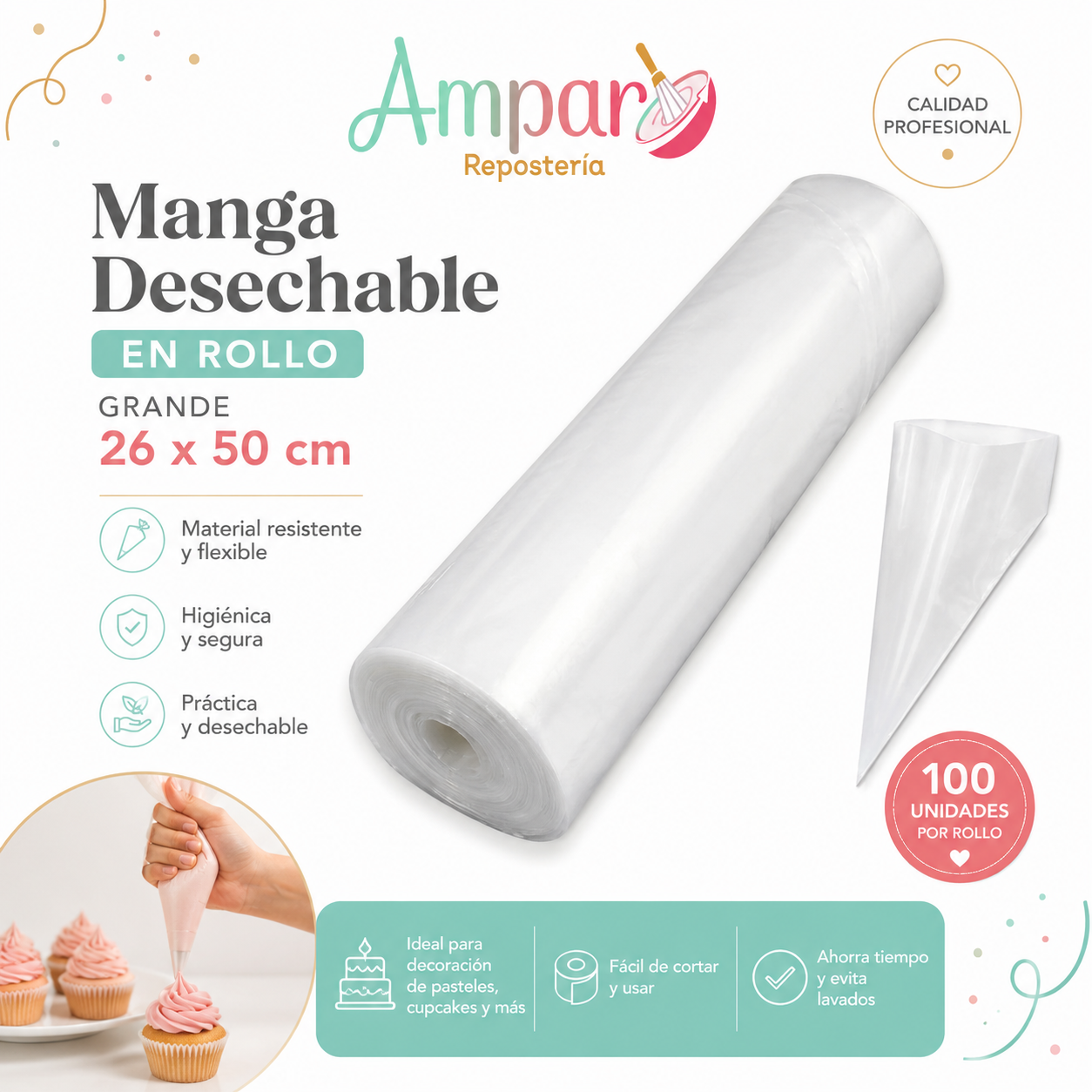 Manga Desechable en  Rollo 26*50 grande