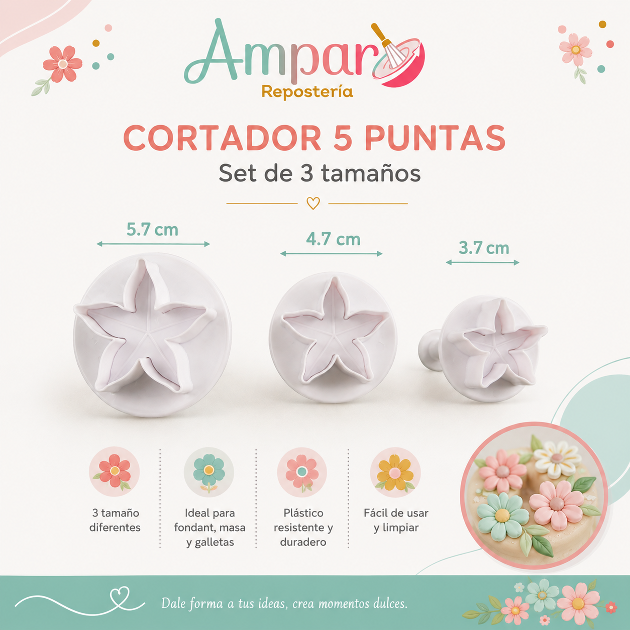 Cortador con Expulsor Flor de 5 Puntas – Set 3 Tamaños