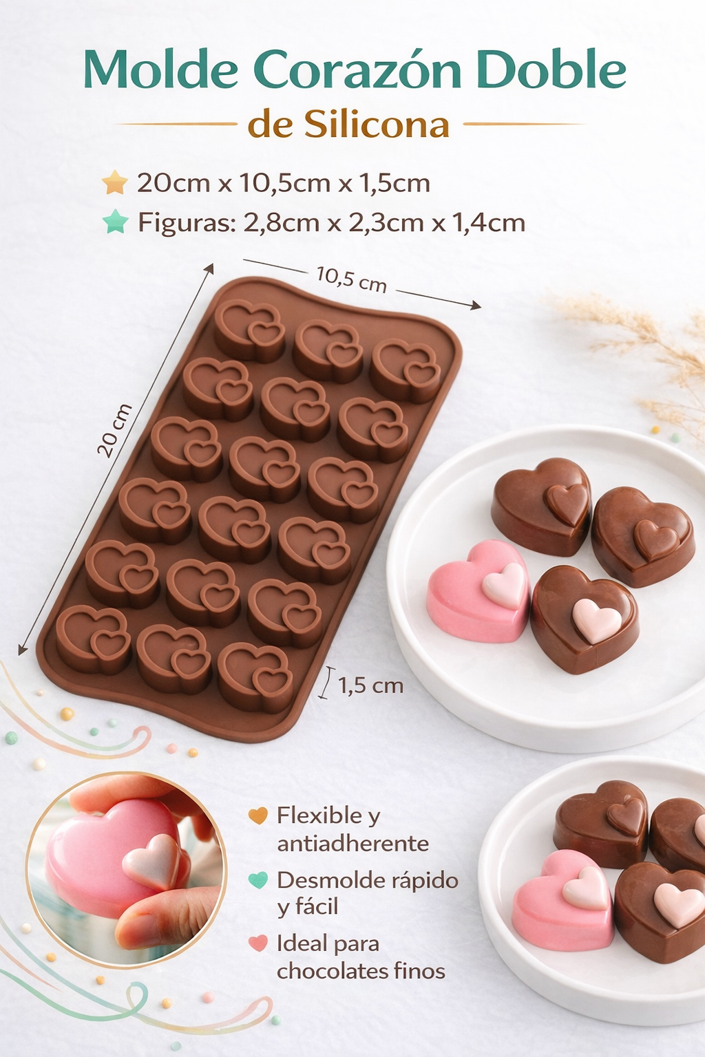 Molde de Silicona Corazón Doble Amor para Chocolate