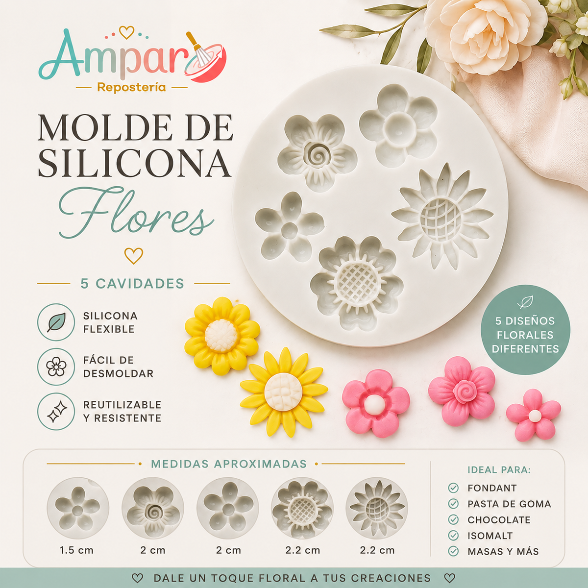 Molde de Silicona Flores – 5 Cavidades | Diseños Florales Variados