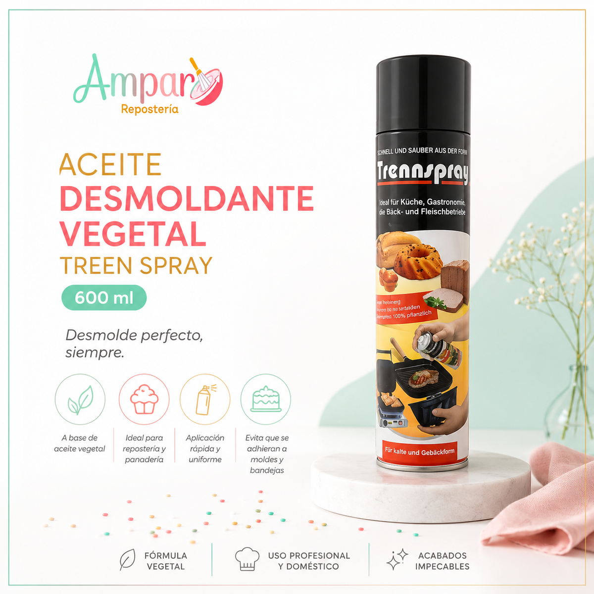 Aceite Desmoldante Vegetal Treen Spray 600 ml – Repostería, Panadería y Pastelería