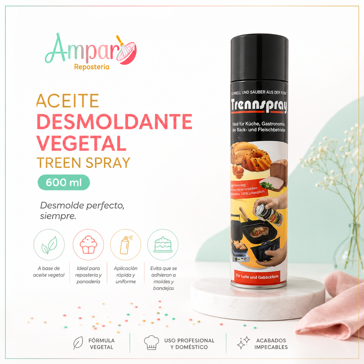 Aceite Desmoldante Vegetal Treen Spray 600 ml – Repostería, Panadería y Pastelería