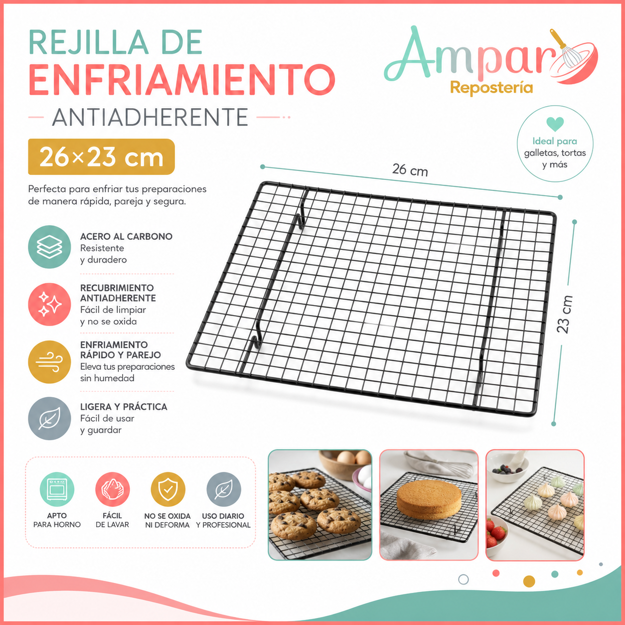 Rejilla de Enfriamiento Antiadherente 26×23 cm – Acero Inoxidable