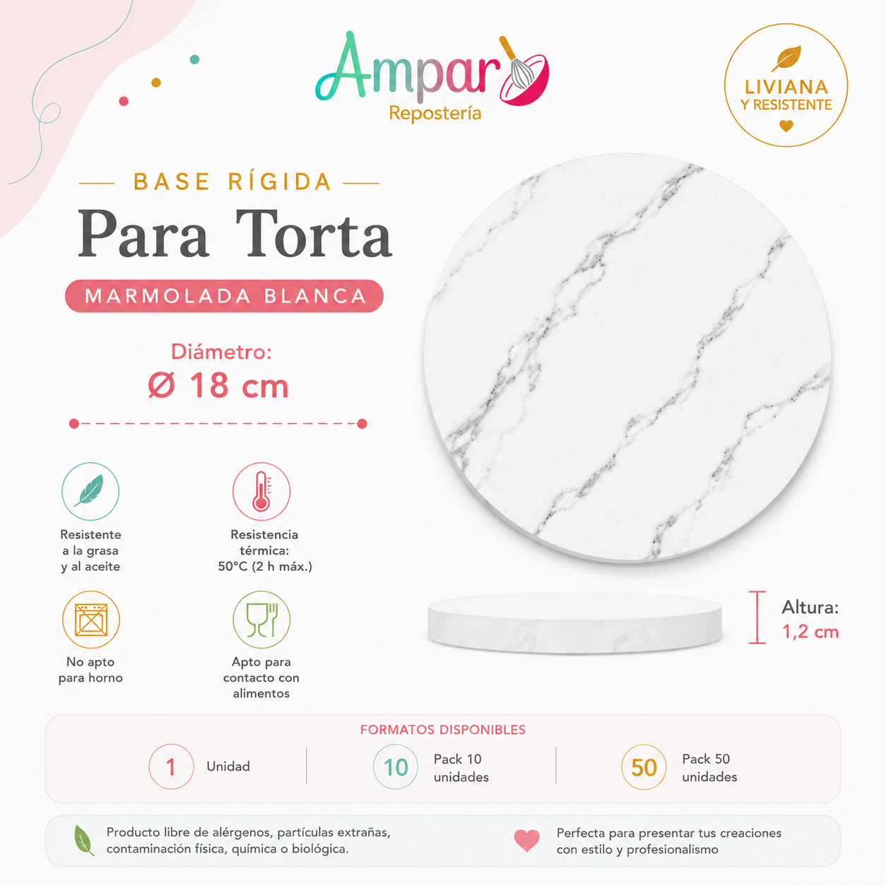 Base Rígida para Torta Marmoleada Blanca 18 cm