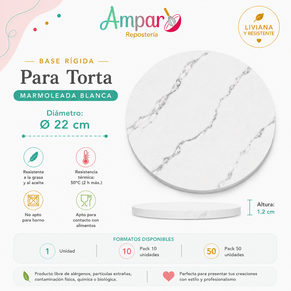 Base Rígida para Torta Marmoleada Blanca 22 cm