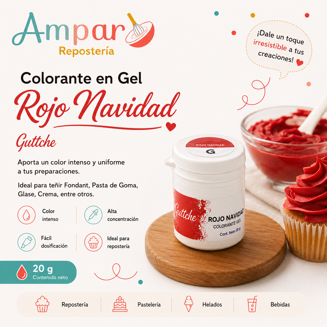 Colorante Gel Rojo Navidad  Guttche 20 gr. Pote