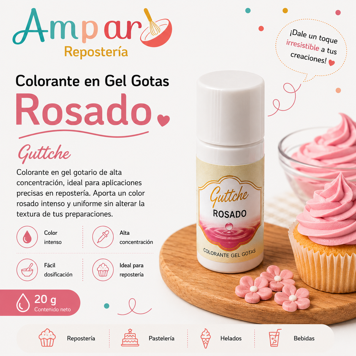 Colorante Gel Gotas Rosado Guttche – 20 g