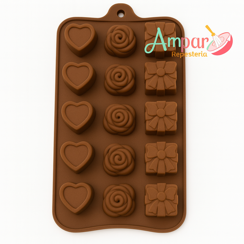 Molde de Silicona para Chocolate Flor, Regalo y Corazón